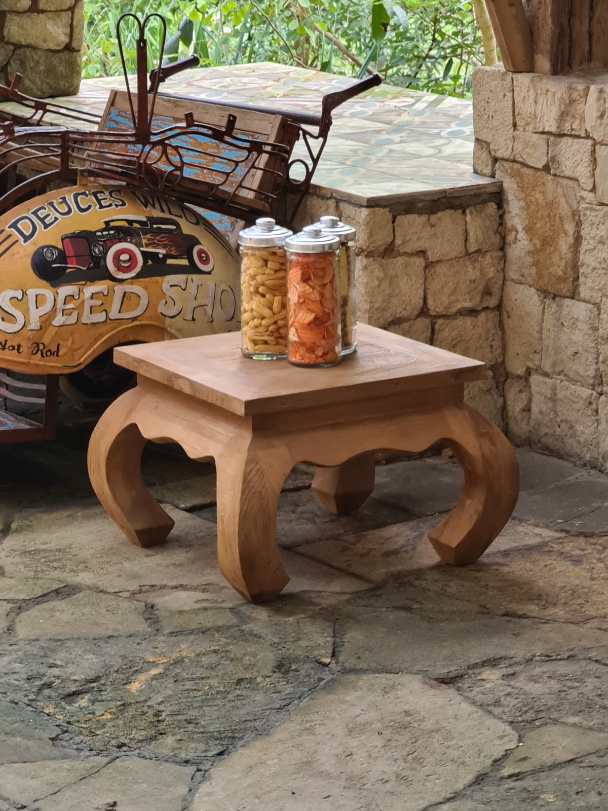 Recycled teak coffee table Opium – boho furniture, handwoven and handmade in Bali