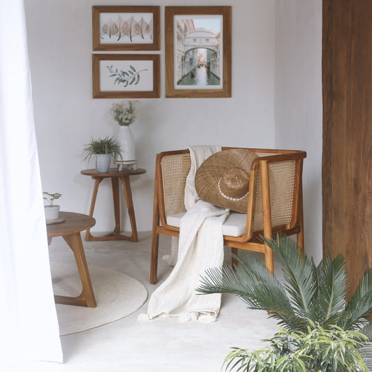 Boho solid teak and rattan sofa Pandawa Single with white seat cushion, crafted by hand in Bali