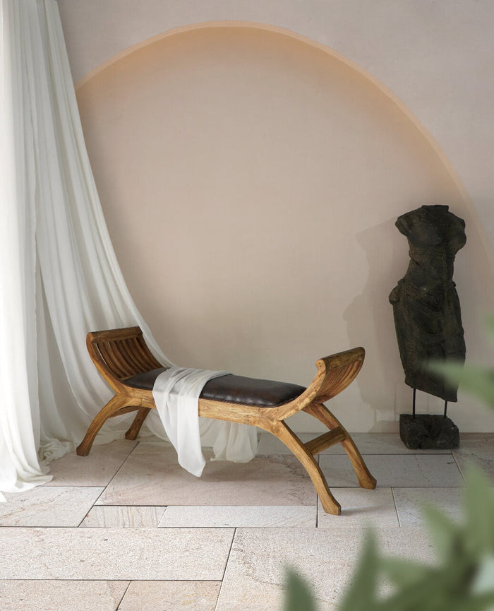 Mahogany and leather bench Campana, made in Bali