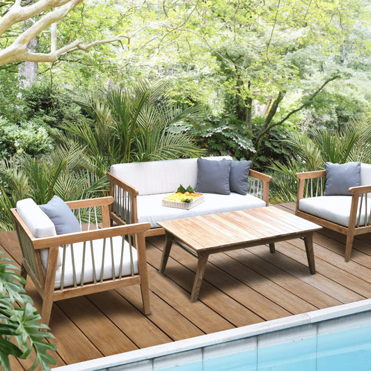 Boho solid teak and fabric sofa Moshet Construction with cushion pillows, handcrafted in Bali