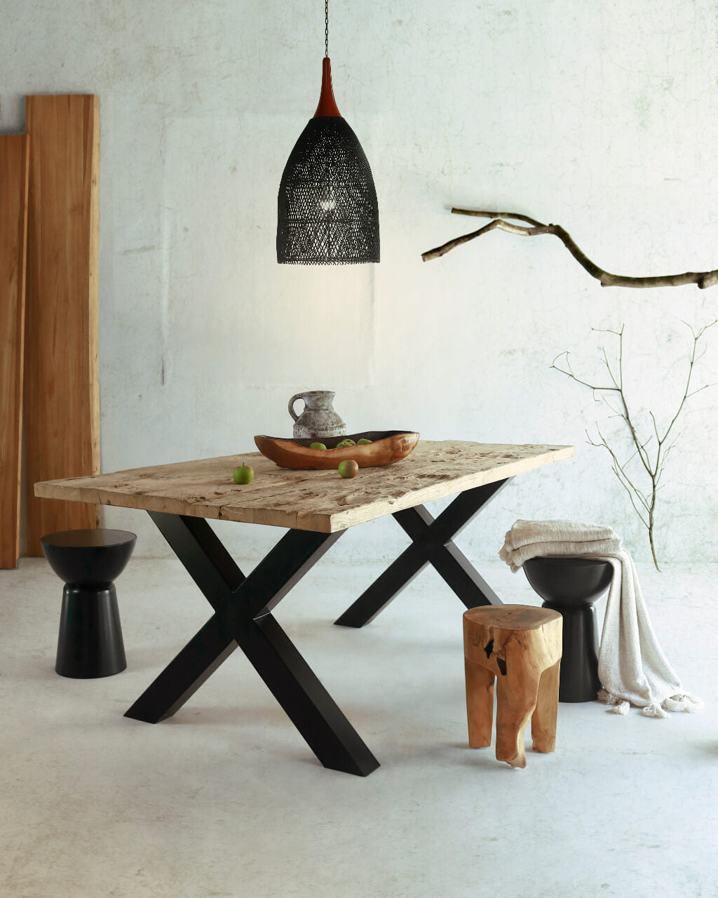 Country Antique Dining Table With X Metal Legs