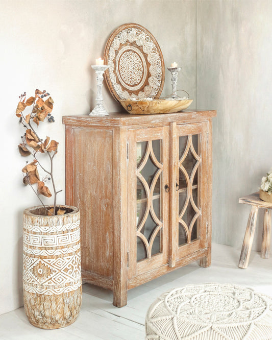 Boho solid wood cabinet Manokwari Carving with glass door, handmade in Bali