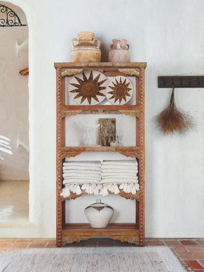 Solid wood bookcase Melawi – boho furniture, handwoven and handmade in Bali