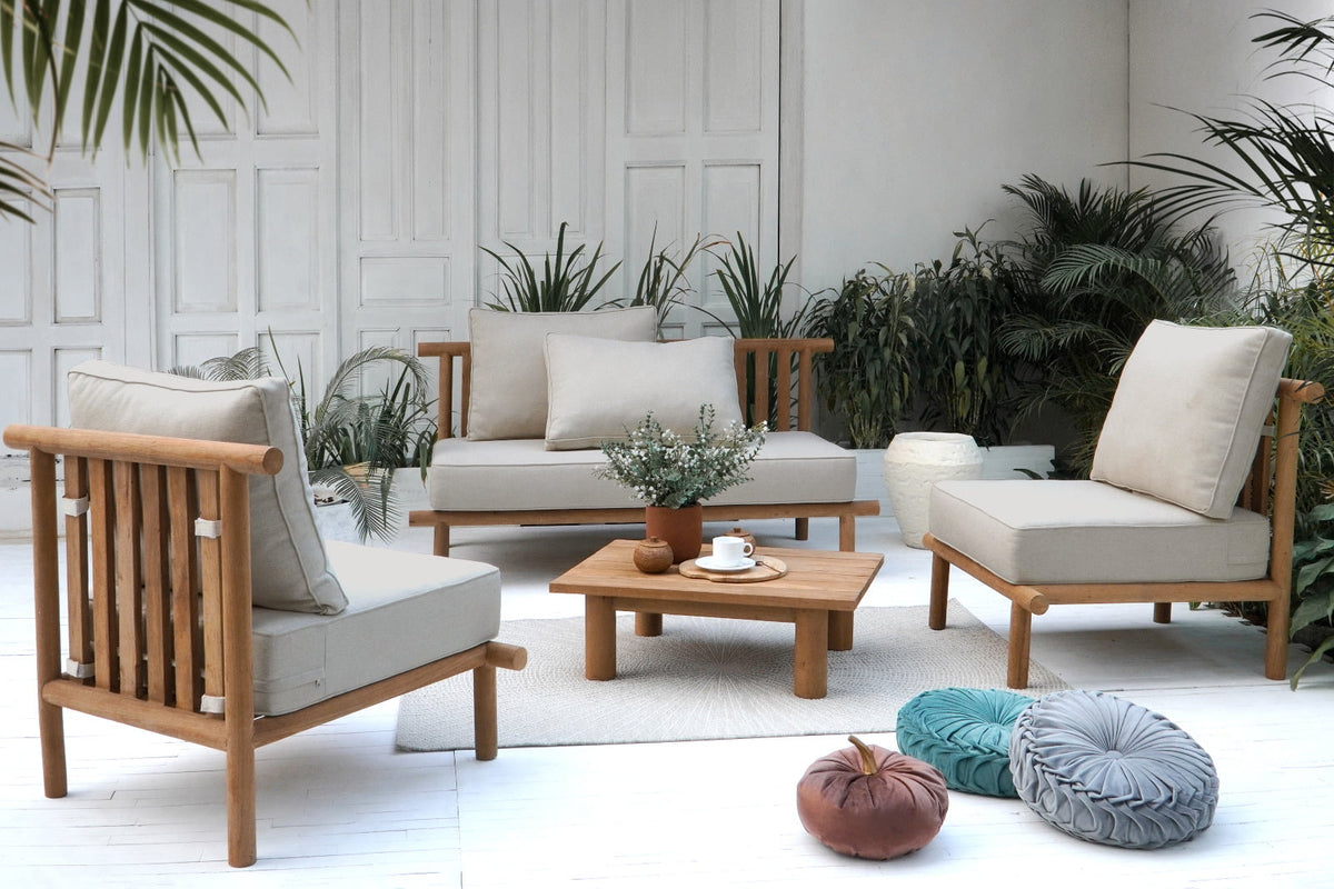 Recycled teak living set Kedoya – boho furniture, handwoven and handmade in Bali