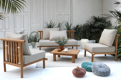 Recycled teak living set Kedoya – boho furniture, handwoven and handmade in Bali