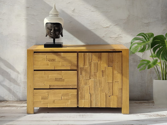Boho reclaimed teak sideboard Balikpapan with 1 door and 3 drawers, crafted by hand in Bali