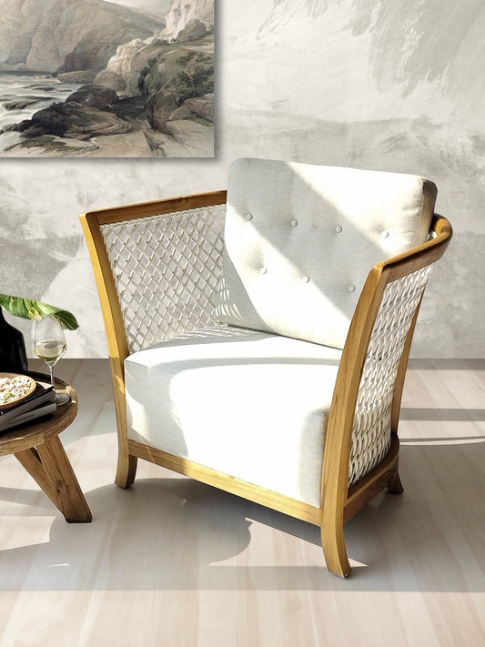 Boho solid teak and rope sofa Dorothy Arm with white cushion, handmade in Bali