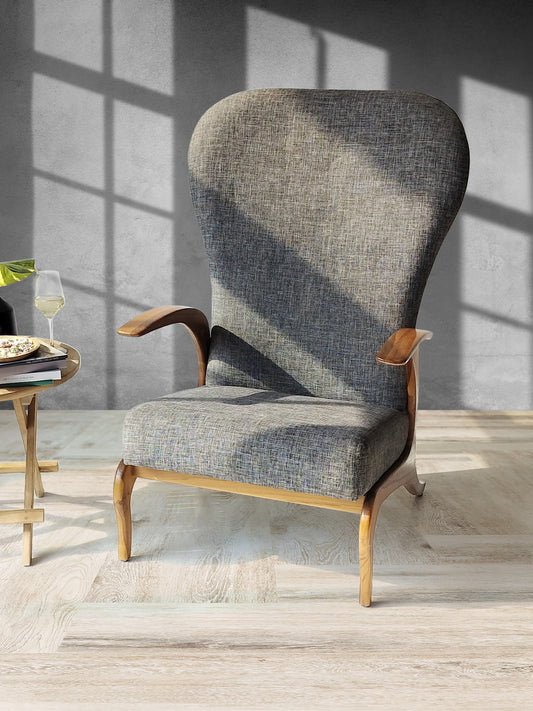 Boho solid teak and fabric high-back chair Deborah Chair with grey cushion, handcrafted in Bali