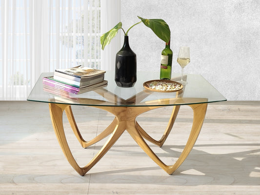 Boho solid teak coffee table Dallas with glass top, handcrafted in Bali
