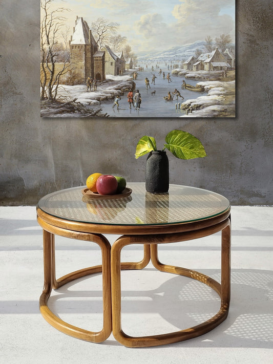 Boho solid teak and rattan table Kalinga Round with glass top, crafted by hand in Bali