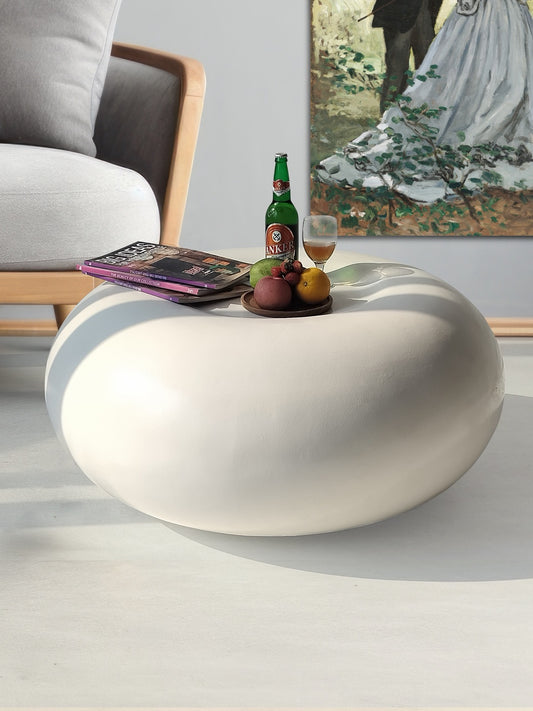 Round concrete and glass coffee table Clinton in white, crafted by Balinese artisans