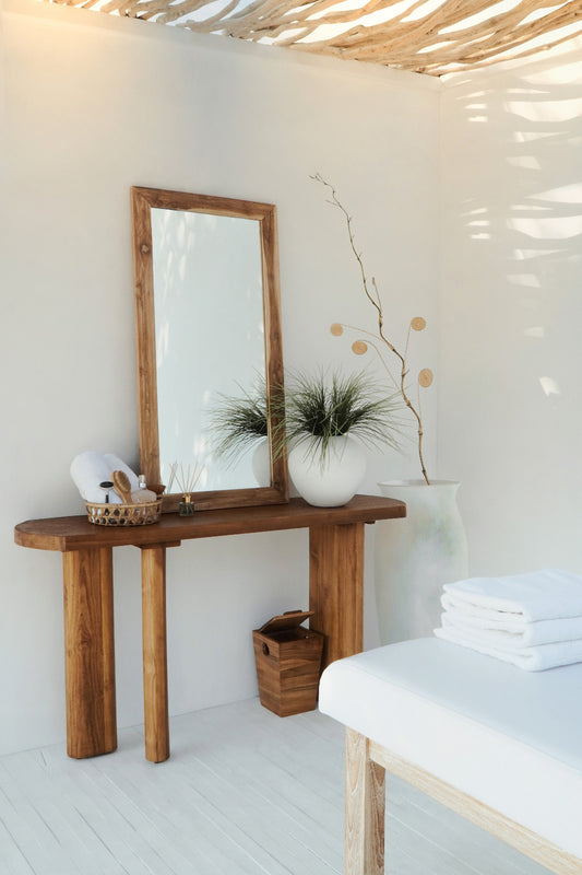 Boho solid teak console table Barito, handcrafted in Bali for the living room
