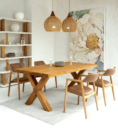 Recycled teak table Country X Leg – boho furniture, handwoven and handmade in Bali