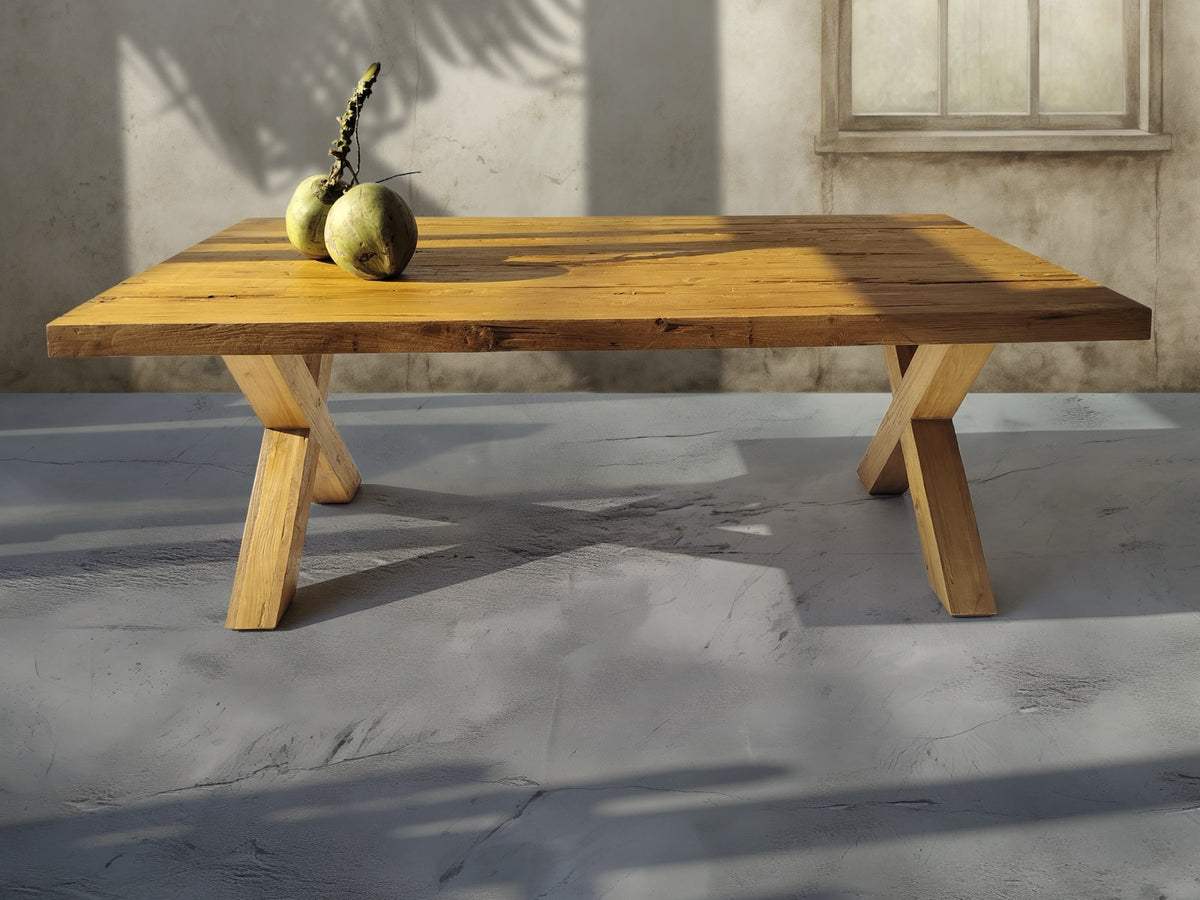 Recycled teak table Country X Leg – boho furniture handcrafted in Bali by BaliSouk