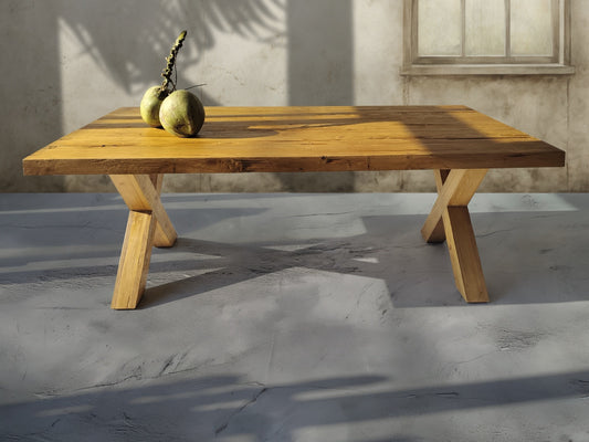 Boho reclaimed teak table Country X Leg with rough surface, handcrafted in Bali
