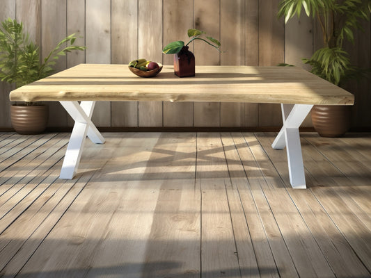 Boho reclaimed teak and metal table Country X Leg with rough surface, handcrafted in Bali