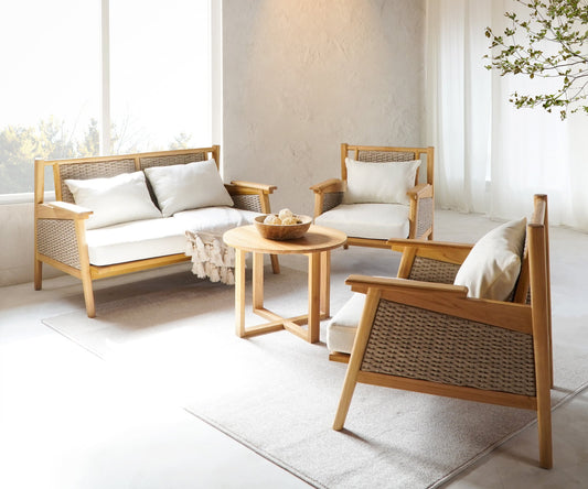 Rattan and solid teak 4-piece living set Sumedang with white cushion, handcrafted in Bali