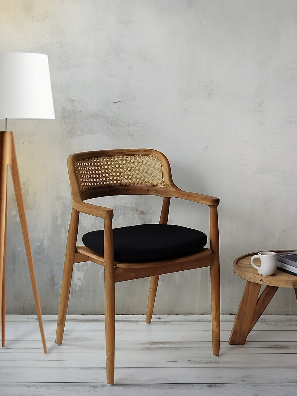 Bali Furniture – Kennedy Armchair With Rattan Back And Black Seat Cushion