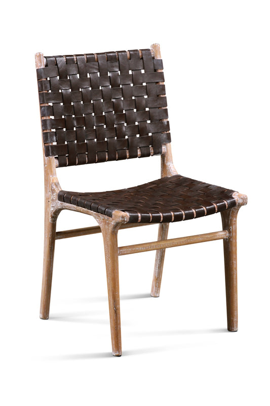 Boho solid teak and leather dining chair Katjia Brown Leather, crafted by hand in Bali