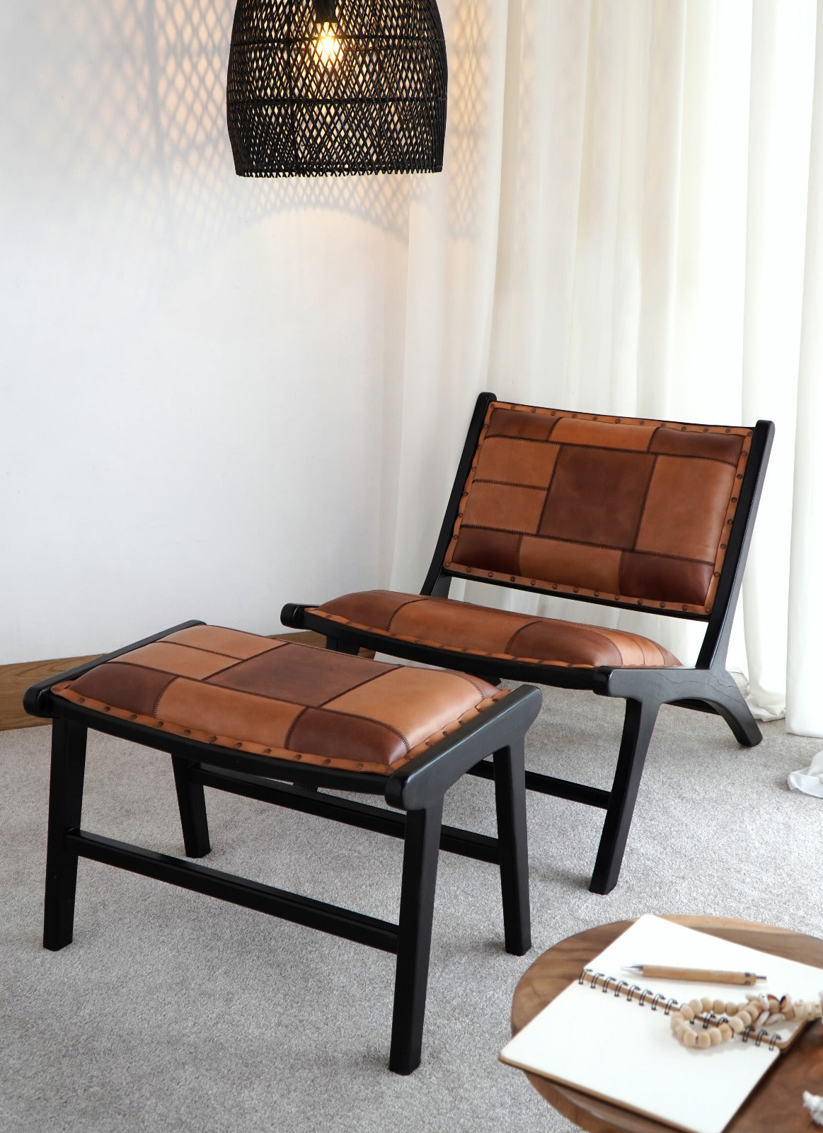 Handmade teak stool – the Catania Leather, boho furniture made in Bali