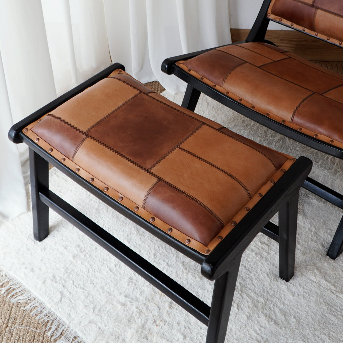 Teak stool – Catania Leather, natural natural materials in boho style