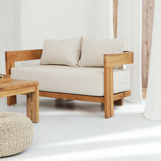 Boho solid teak and fabric 2-seater sofa Nagoya with cushion, handmade in Bali