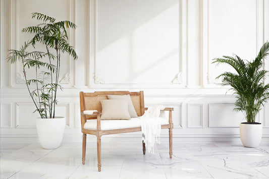 Boho solid teak and rattan 2-seater sofa Beatrice Bench with cushion, crafted by hand in Bali