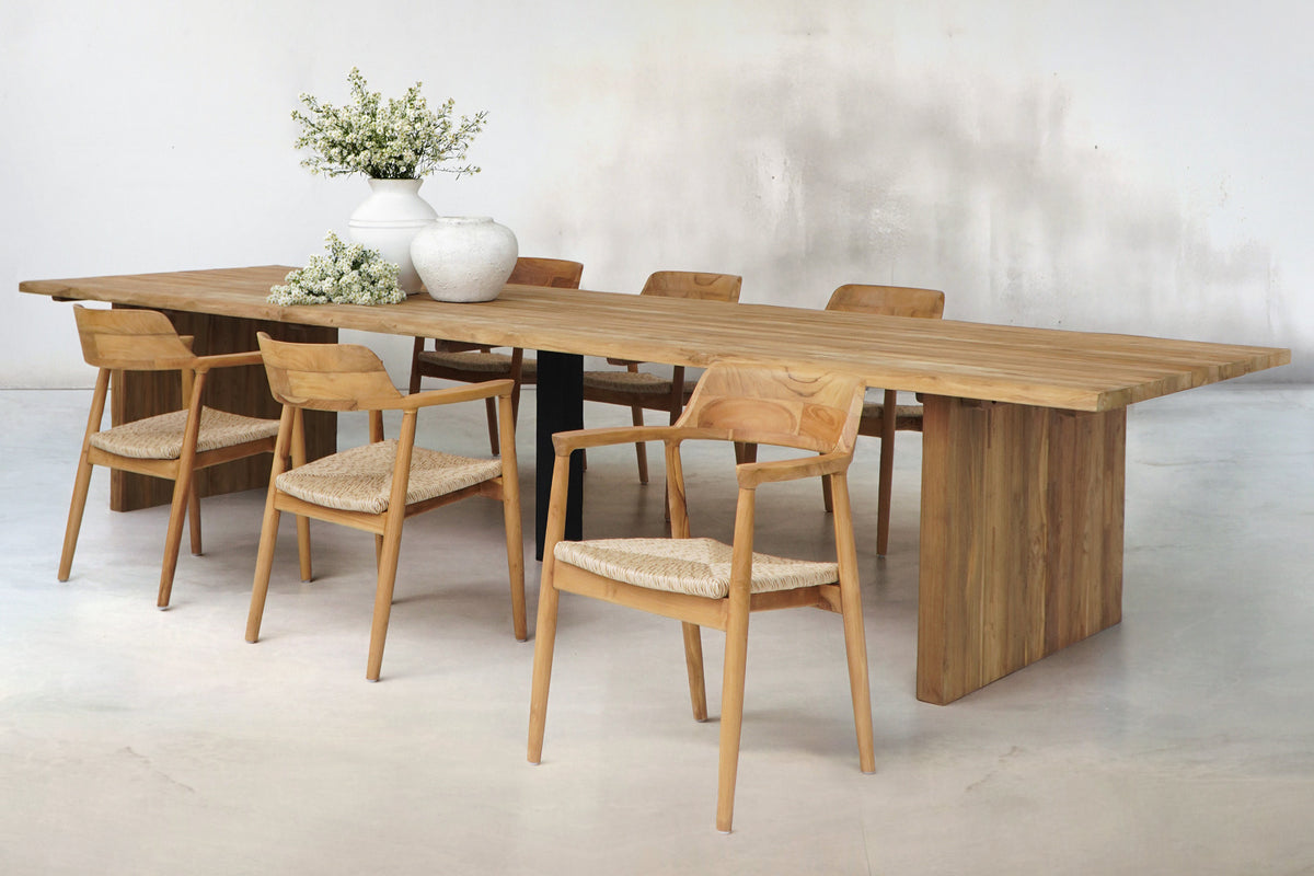 Teak dining table Krakatau – boho furniture, handwoven and handmade in Bali