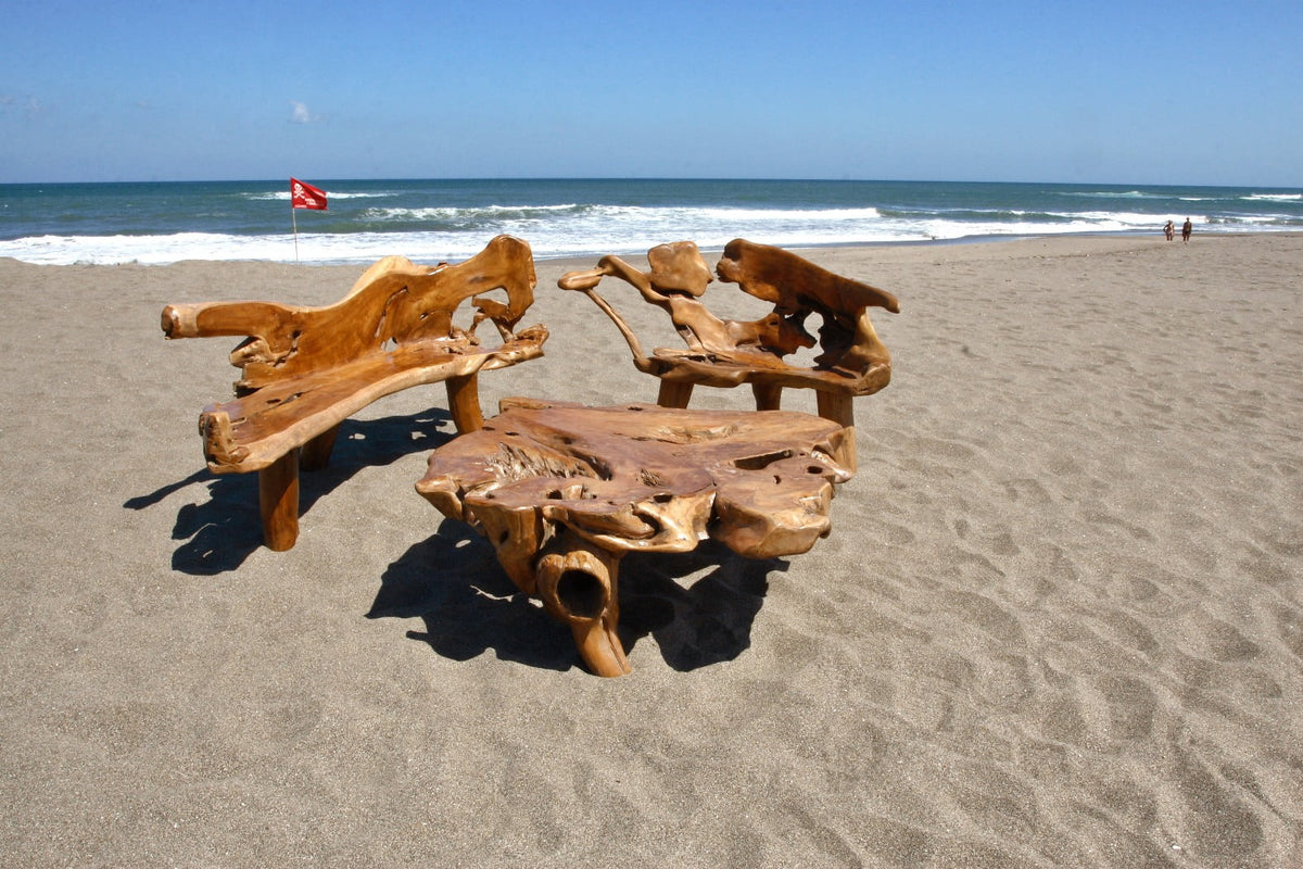 Teak root bench Primitive – boho furniture, handwoven and handmade in Bali