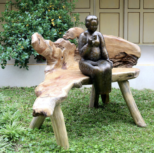 Boho solid teak bench Primitive, set of 2, handcrafted in Bali