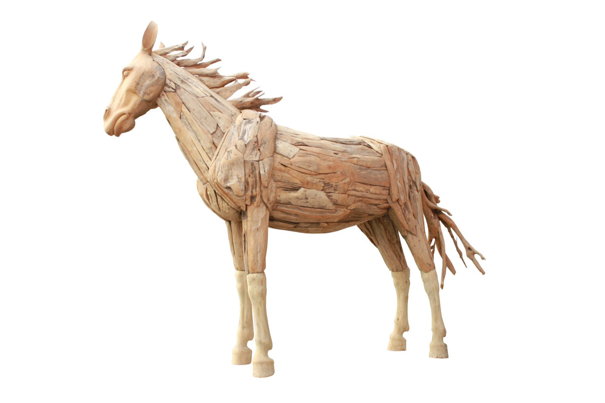 Handmade recycled teak sculpture – the Rustic Horse, boho decor made in Bali