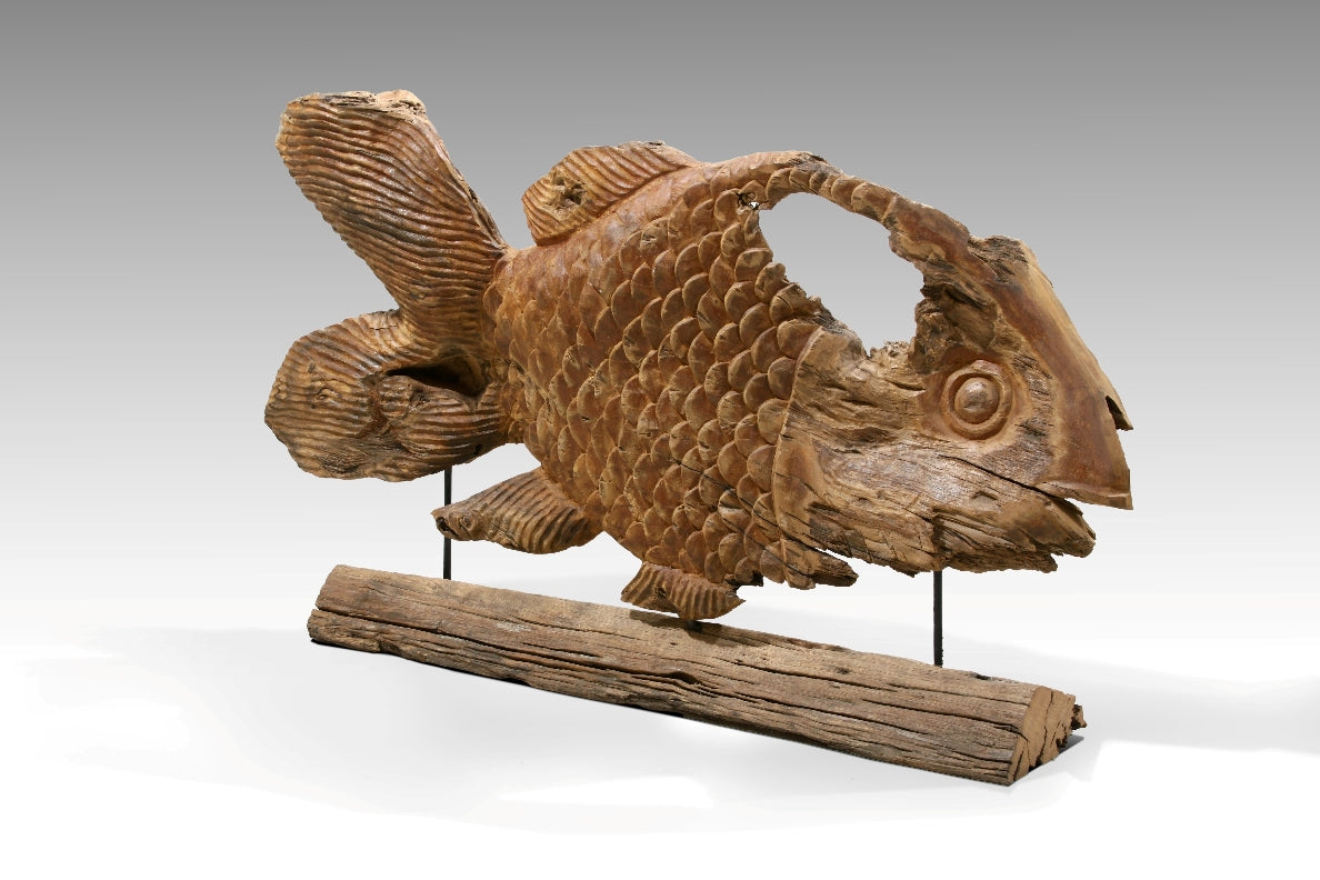 Handmade recycled teak sculpture – the Gurami Fish Stand, boho decor made in Bali
