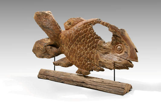 Boho reclaimed teak sculpture Gurami Fish On Stand, handmade in Bali