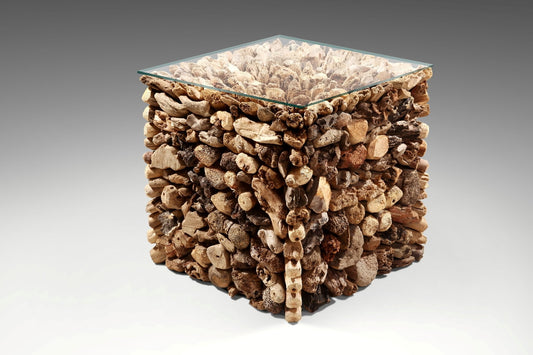 Boho solid wood side table Bakau with glass top, handcrafted in Bali