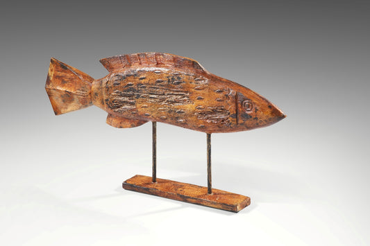 Boho reclaimed teak sculpture Grilled Fish On Stand, handcrafted in Bali