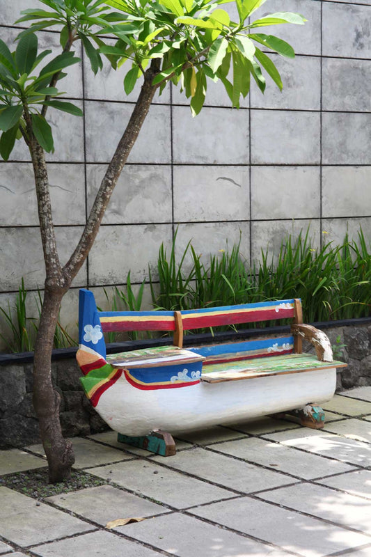Boho reclaimed teak bench Castro Boat, set of 2, handcrafted in Bali