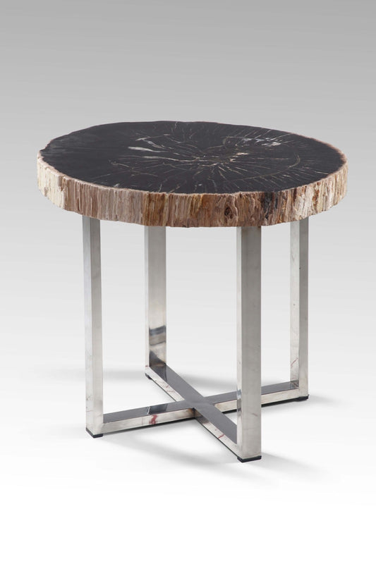 Boho petrified wood and stone table Fossil Corner Round, handcrafted in Bali