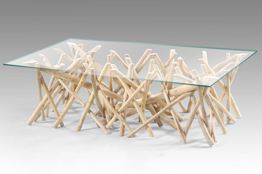 Boho solid teak coffee table Toronto with tempered glass top, handcrafted in Bali