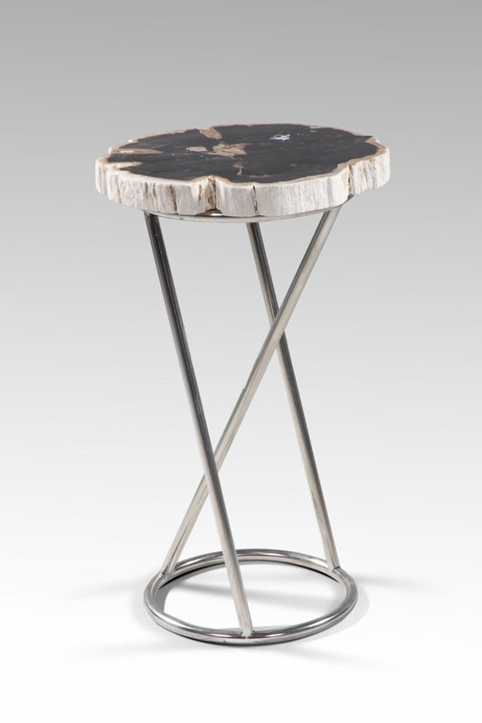 Boho petrified wood and stone table Ola Stand, handmade in Bali