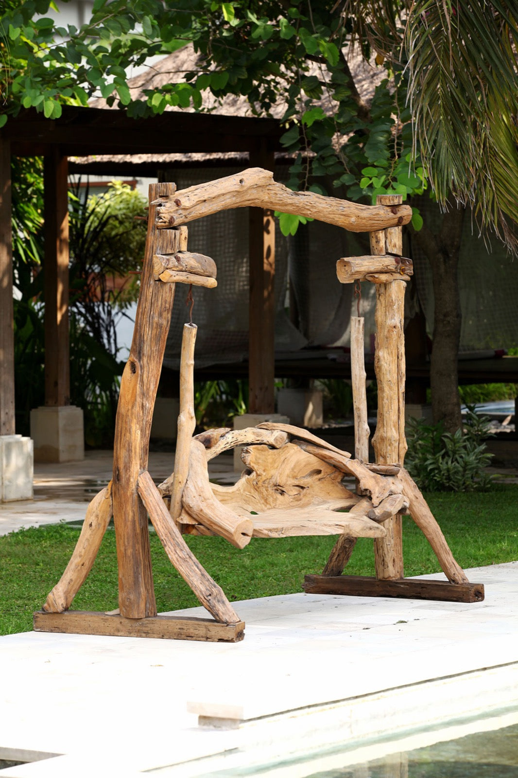 Handmade recycled teak bench – the Carlos Swinging, boho furniture made in Bali