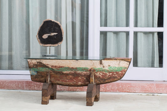 Boho reclaimed wood coffee table Viking Boat with glass top, crafted by hand in Bali