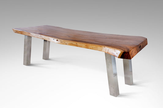 Boho suar wood and stainless steel dining table Skew Stainless, handcrafted in Bali
