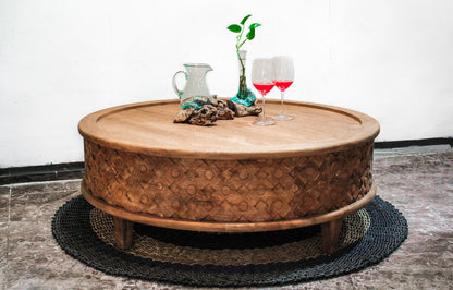 Teak coffee table Matahana – boho furniture, handwoven and handmade in Bali