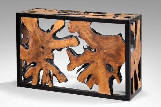 Boho solid teak and metal console table Duncan, crafted by hand in Bali
