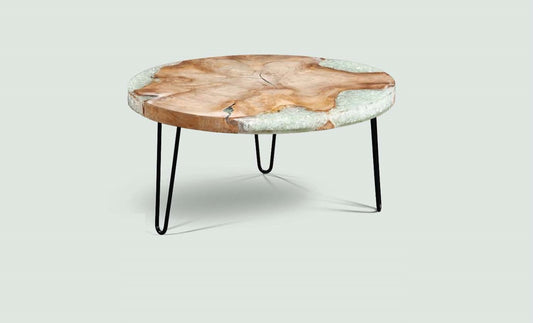 Boho solid teak and resin coffee table Round Glaze, crafted by hand in Bali