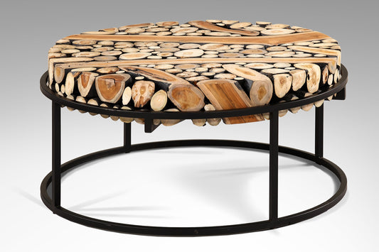 Boho solid teak and iron coffee table Vanity Round, crafted by hand in Bali