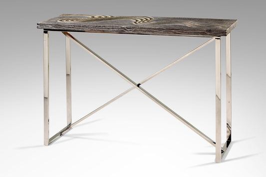 Boho suar wood and stainless steel console table Picasso Grey Silver Legs, crafted by hand in Bali