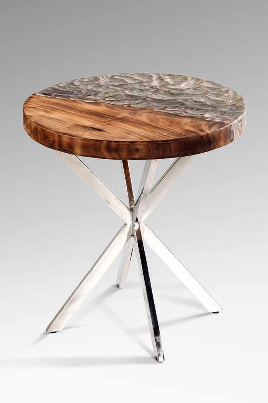 Boho suar wood and stainless steel side table Picasso Round, handcrafted in Bali