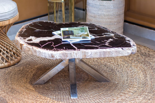 Boho petrified wood and stone coffee table Mykonos with stainless legs, handcrafted in Bali