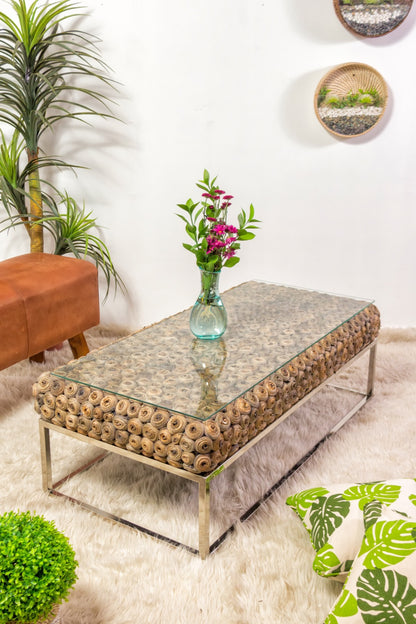 Handmade water hyacinth coffee table – the Curly, boho furniture made in Bali
